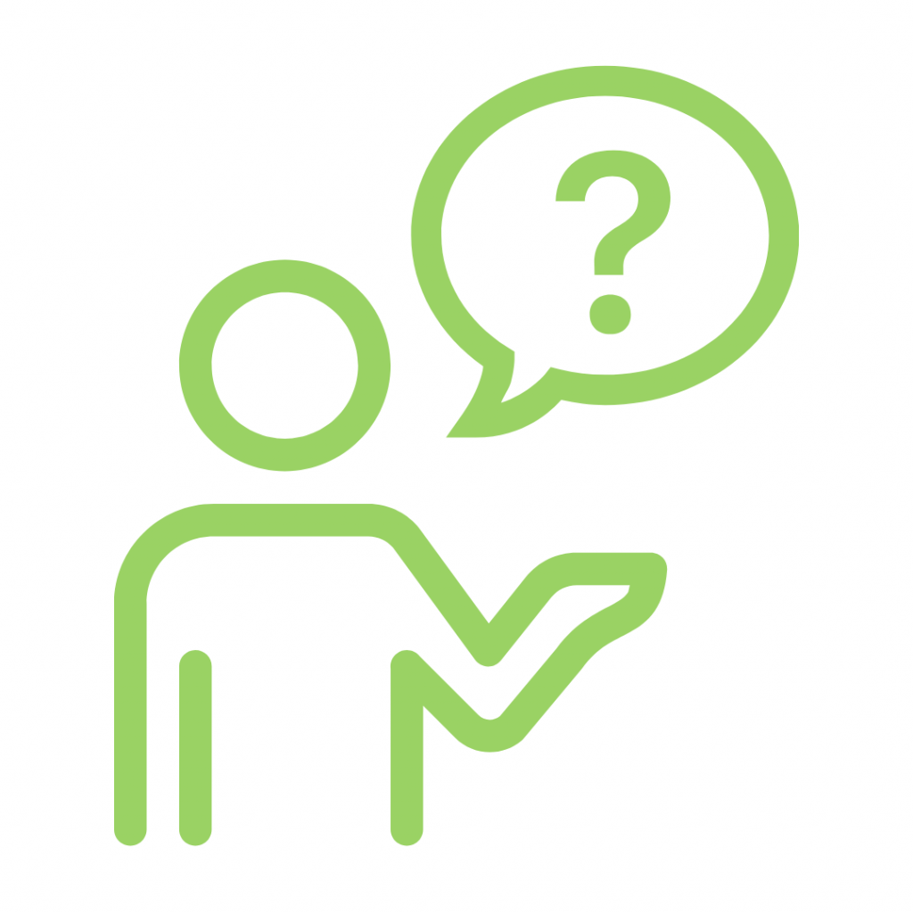 A green outline icon of a person with a speech bubble containing a question mark, symbolizing curiosity, inquiry, or understanding why something matters.