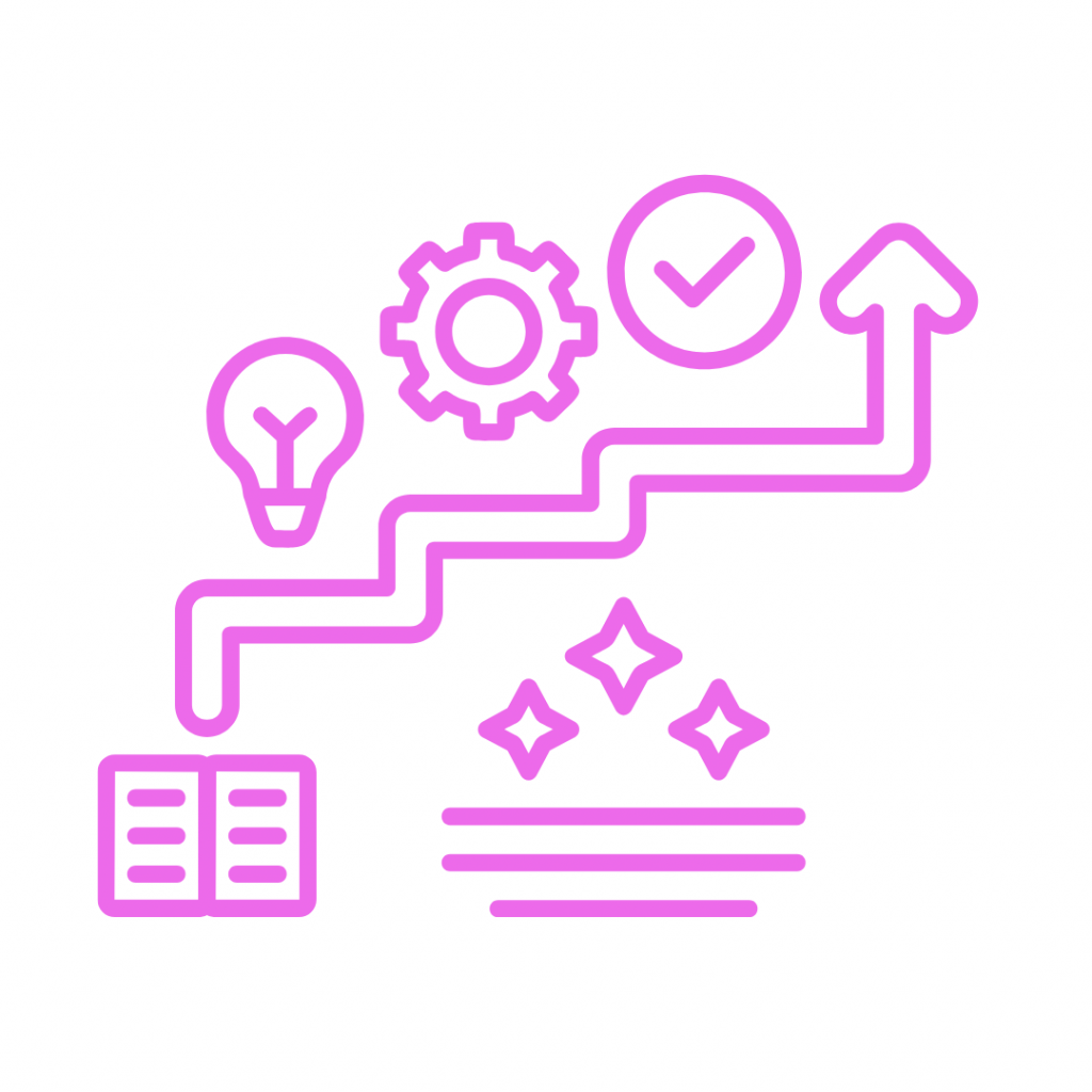 Pink line drawing illustrating a process or journey with an upward-climbing, zig-zagging line that connects a book, a lightbulb (idea), a gear (execution), and a checkmark (completion), ending in an upward arrow.