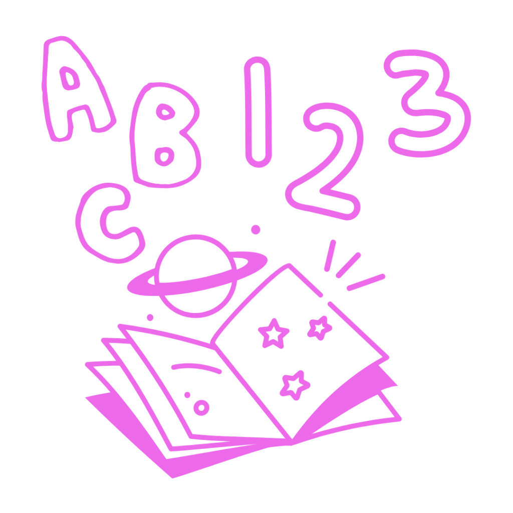 Icon for early education or basic learning in pink outline. An open storybook, possibly for children, has stars on one page and a face/dot pattern on the other. Above the book are the basic elements of literacy and numeracy: the letters A, B, C and the numbers 1, 2, 3, plus a small Saturn-like planet.