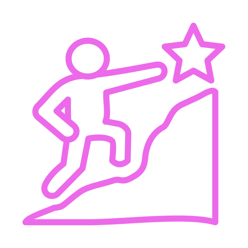 Pink line drawing of a stick figure climbing a steep rock or cliff to reach a large star at the summit, representing ambition, goal setting, or achievement.