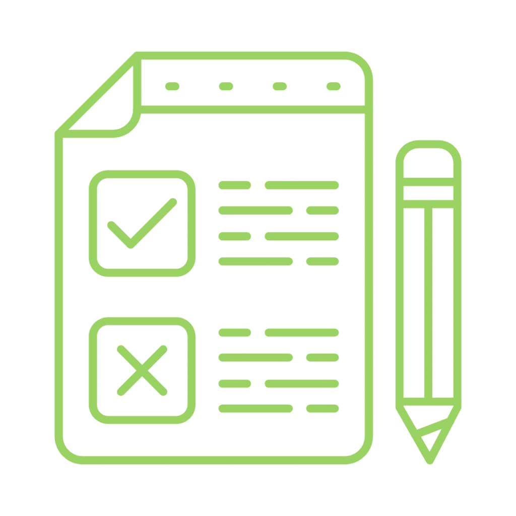 Green line drawing of a checklist or quiz document showing a checked box and an 'X' marked box, with a pencil beside it, representing evaluation, testing, or feedback.
