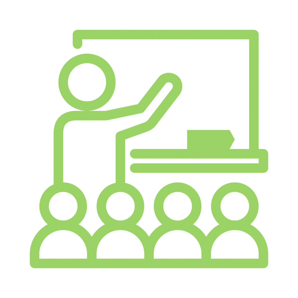 Green line drawing of a teacher or instructor presenting at a whiteboard to a small group of four seated students, symbolizing a class, workshop, or lecture.
