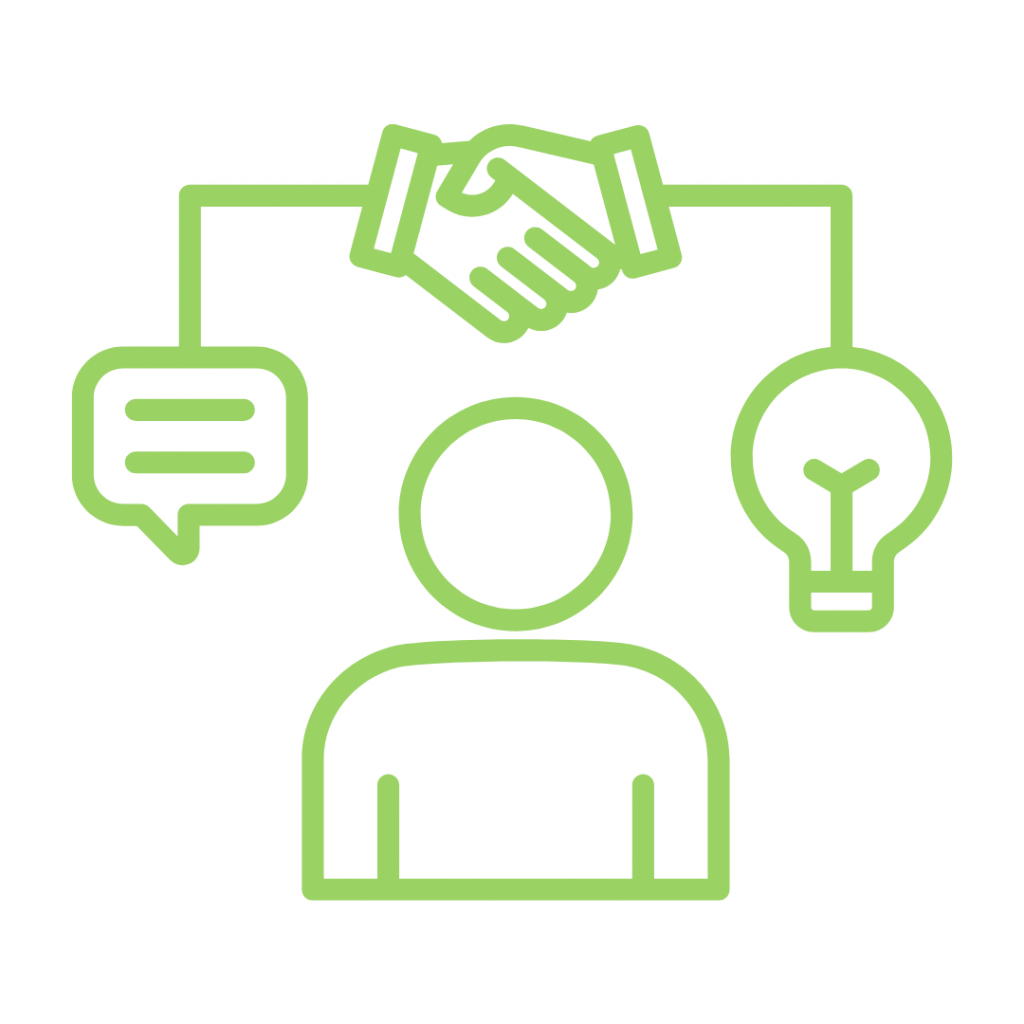 Green line drawing of a person connected to three elements: a chat bubble (communication), a lightbulb (idea/innovation), and a handshake (partnership/agreement).
