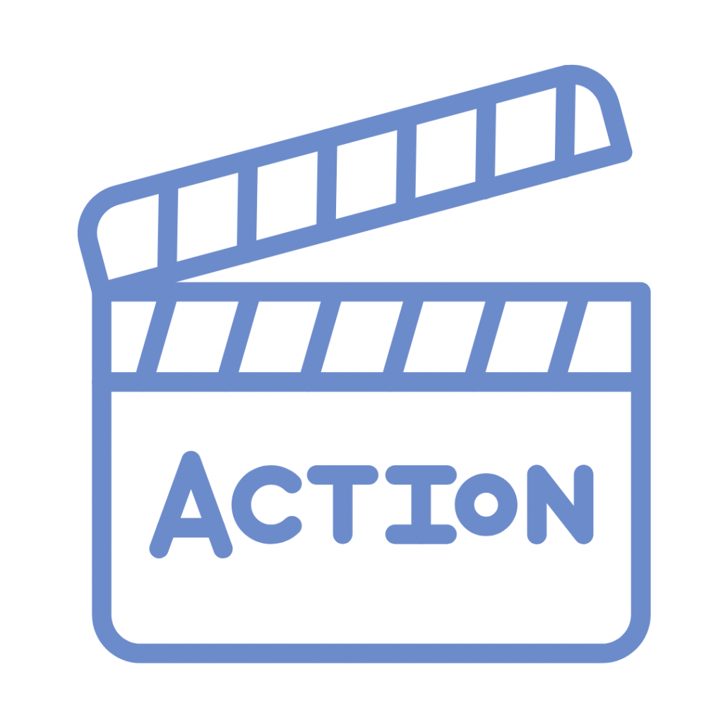 Blue line drawing of an open movie clapperboard with the word "ACTION" written on the front.