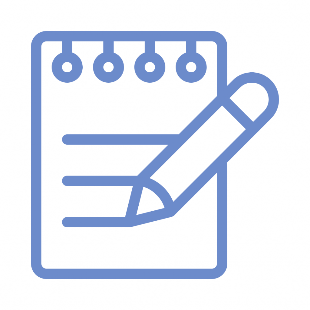 Blue line drawing of a spiral notebook or notepad with lines of writing, and a pencil resting on top, symbolizing note-taking or writing.