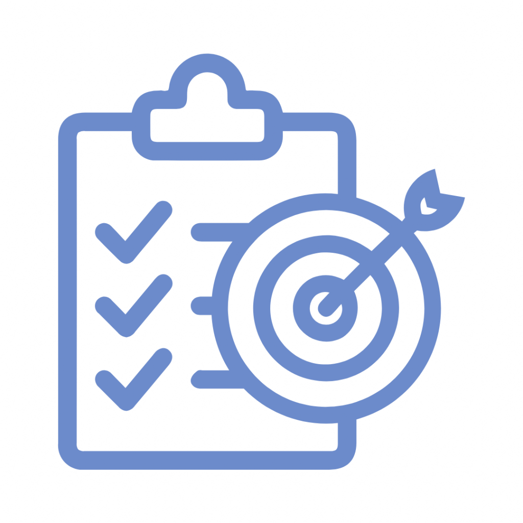 Blue line drawing combining a clipboard with three checkmarks (completed tasks/checklist) and a bullseye with an arrow hitting the center (achieved goal/target).
