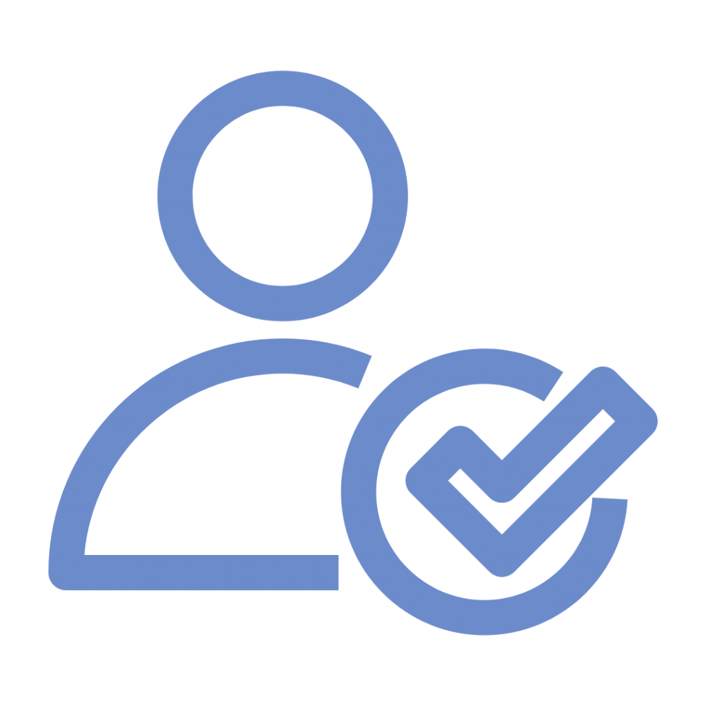 Blue line drawing of a generic user profile or person icon with a large checkmark inside a circle at the bottom right, indicating verification or successful registration.