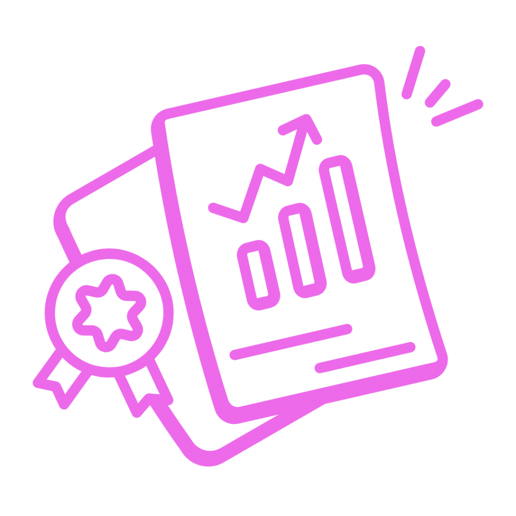 Icon depicting a document or report in pink outline, showing three bar charts and an upward trending line graph, often used to represent business results, performance, or a final report. A round medal or seal of approval with a star is attached to the document.