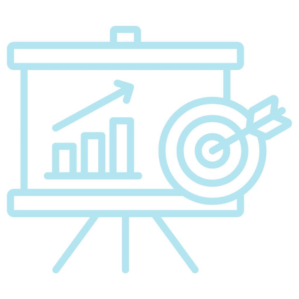 A line drawing illustration showing a presentation board or easel with two main elements: on the left, a bar graph with an upward-trending arrow indicating growth or progress; on the right, a large bullseye target with an arrow hitting the center, representing goals, success, or accuracy. The image is rendered in a light cyan or blue color.