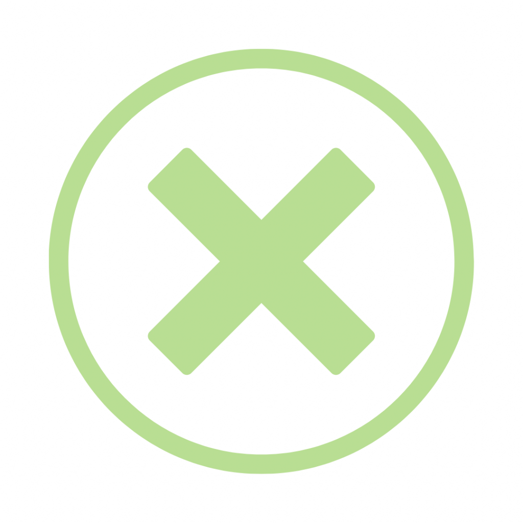 A lime green icon featuring a thick 'X' shape centered within a circular border, symbolizing incorrectness, an error, failure, removal, or a 'close' button.