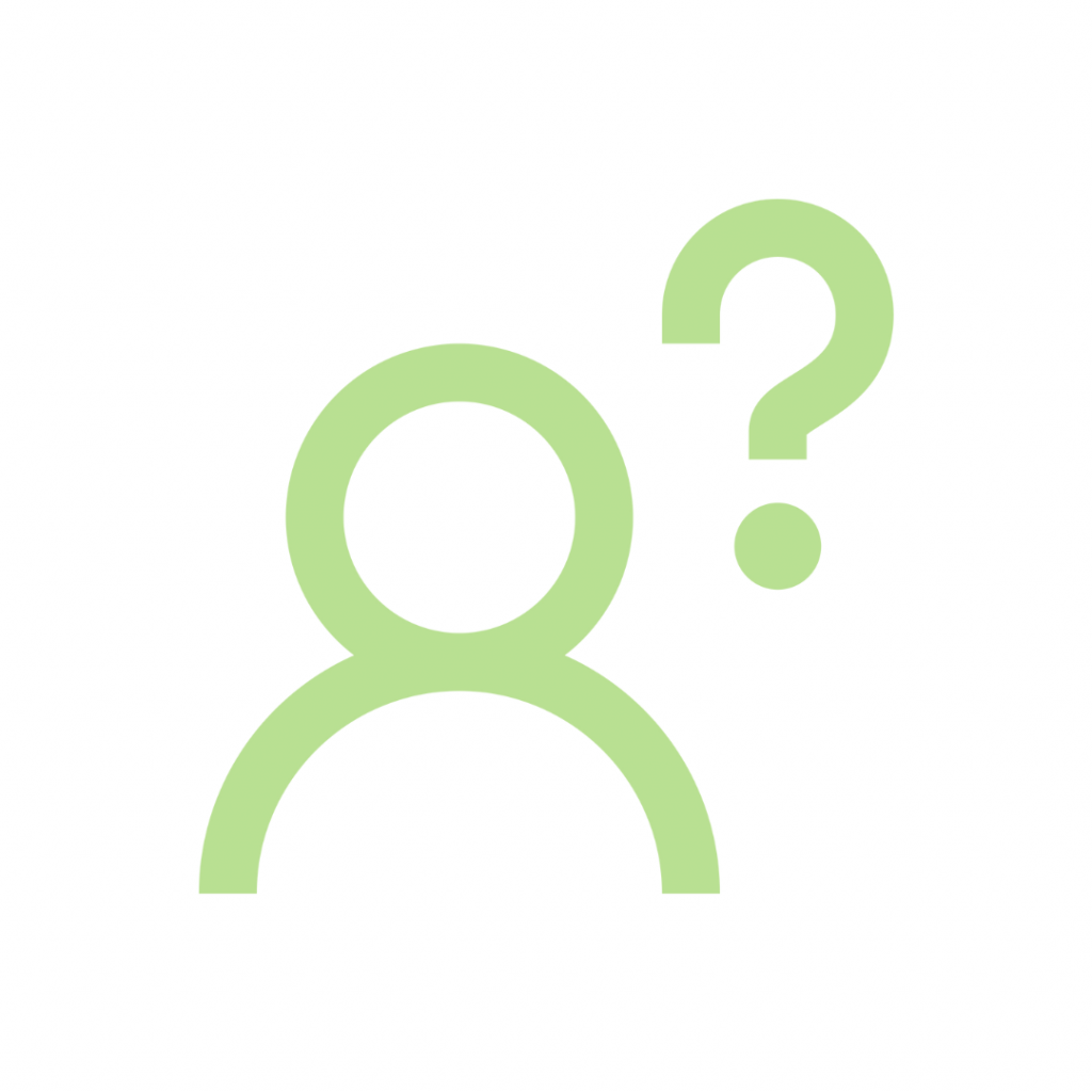A lime green line drawing illustration of a generic person icon (simple head and shoulders shape) with a large question mark floating beside its head, symbolizing confusion, inquiry, not knowing, or needing help.