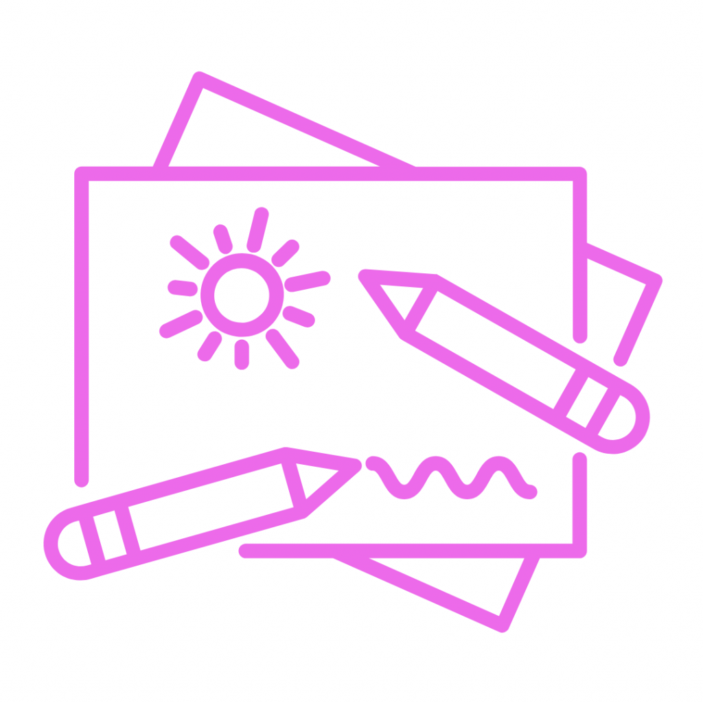 A bright pink line drawing illustration showing a stack of papers with one sheet prominently displaying a simple drawing of a shining sun on the left and a wavy line on the bottom right. Two pencils or crayons are crossing over the paper, symbolizing drawing, creative work, arts, or hands-on activities.
