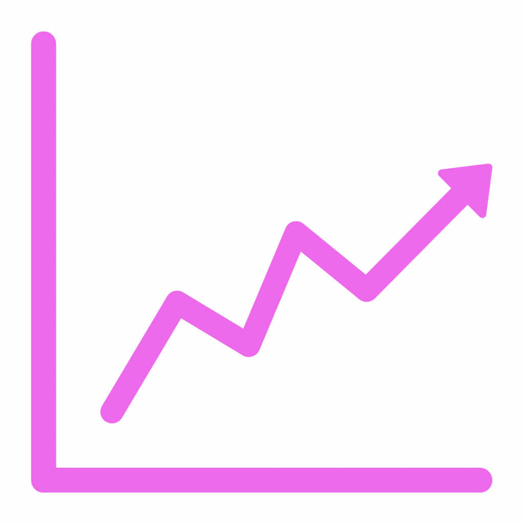 A thick pink line illustration of a line graph on an XY-axis. The line starts low on the left and moves upward in a jagged pattern, ending with an arrowhead pointing up and to the right, symbolizing growth, improvement, positive trends, or increasing performance.