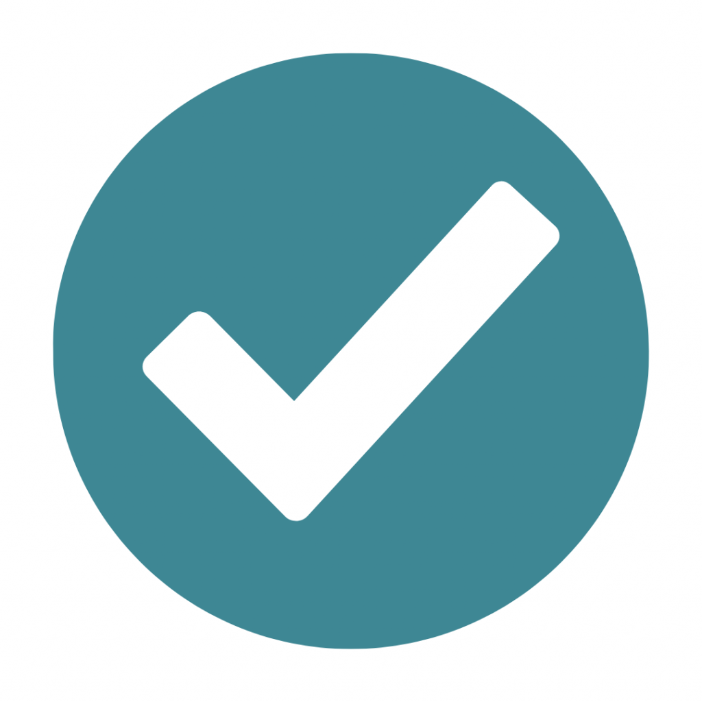 A solid teal circle containing a white checkmark or tick mark, symbolizing completion, correctness, approval, success, or confirmation.