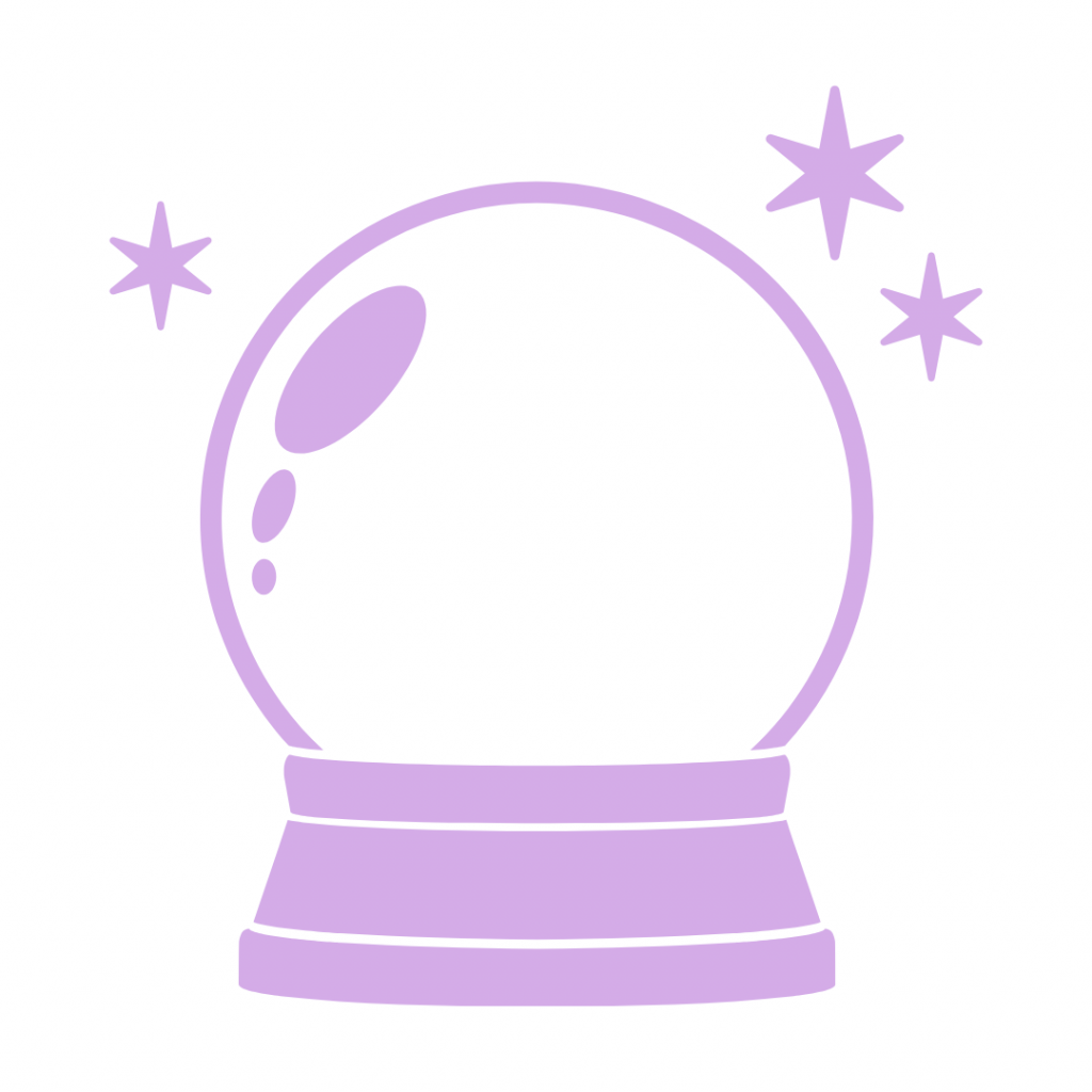 A light purple, solid-color illustration of a crystal ball on a pedestal base. The globe has internal highlights to show reflection, and three stars or sparkles are positioned around the outside, symbolizing foresight, prediction, future goals, or looking ahead.