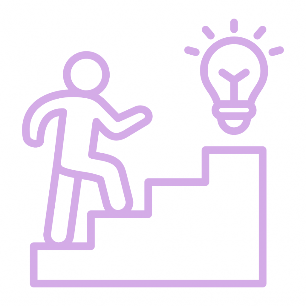 A light purple line drawing illustration of a stick figure person climbing a set of stairs. At the top of the stairs, a light bulb is glowing, symbolizing the journey toward achieving an idea, goal, solution, or enlightenment.