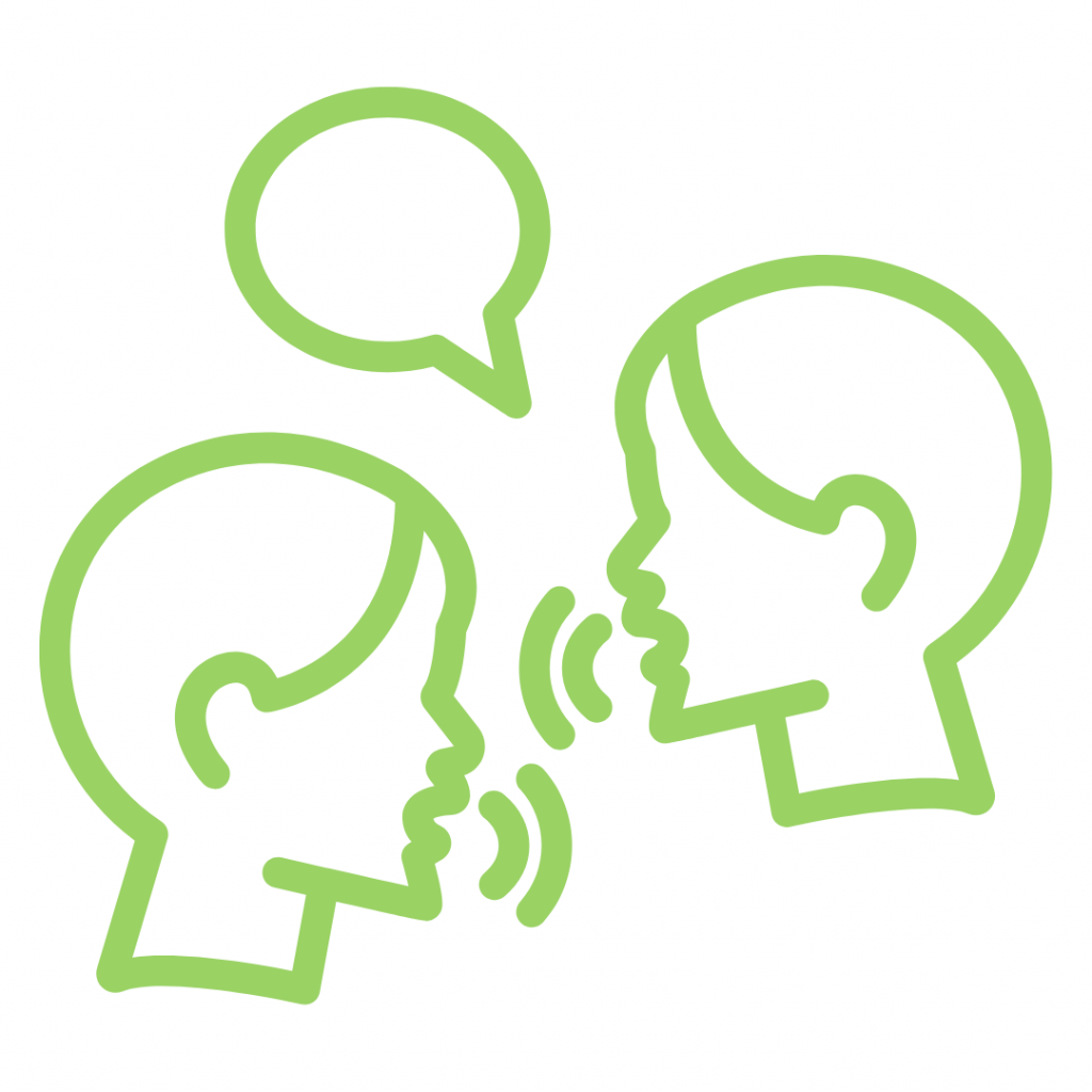 A lime green line drawing illustration depicting two head silhouettes facing each other, symbolizing a conversation or communication. The head on the right has sound waves emanating from its mouth, suggesting speaking, while the head on the left has an empty speech bubble floating above it, suggesting listening, dialogue, or receiving information.