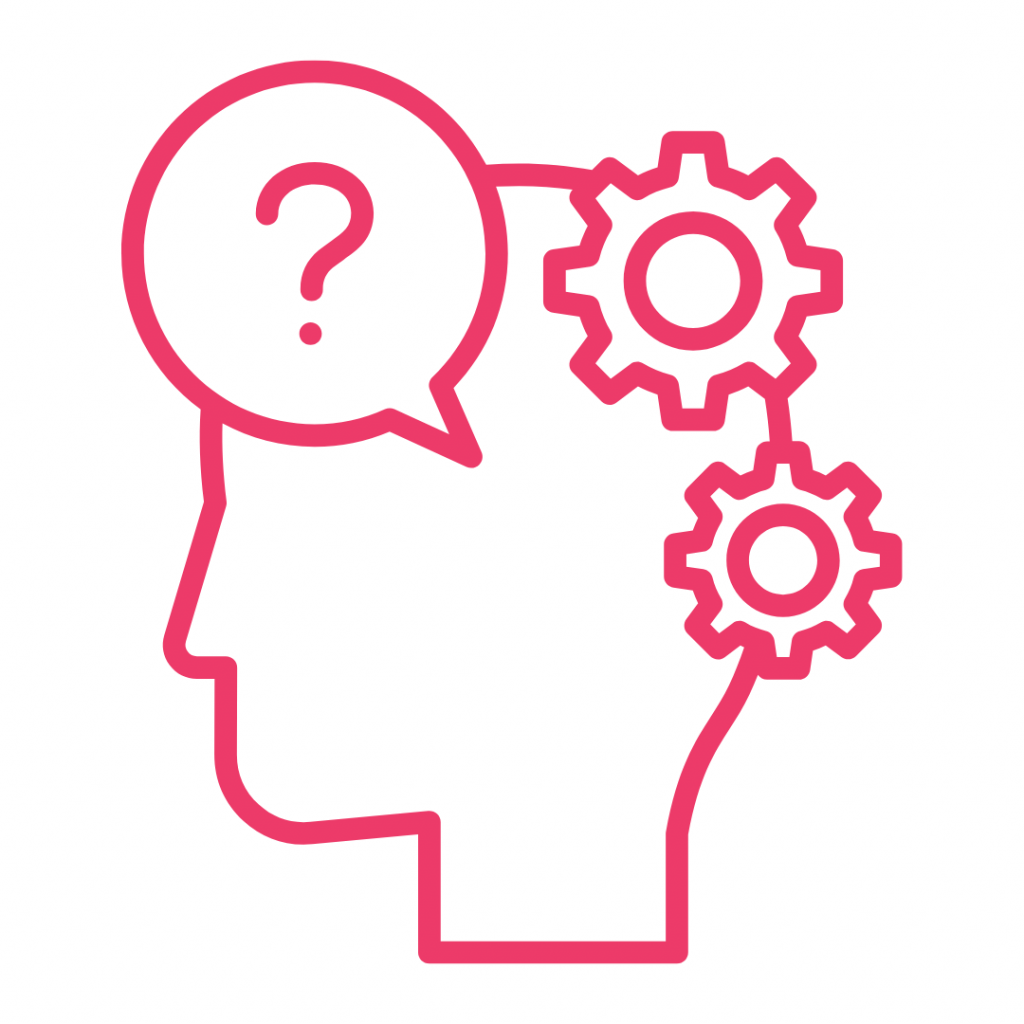 A bold pink line drawing illustration of a side-profile human head silhouette. A speech bubble containing a question mark rests above the forehead, symbolizing a question or confusion. Two interconnected gears are drawn outside the back of the head, representing thinking, problem-solving, or mechanical processing.