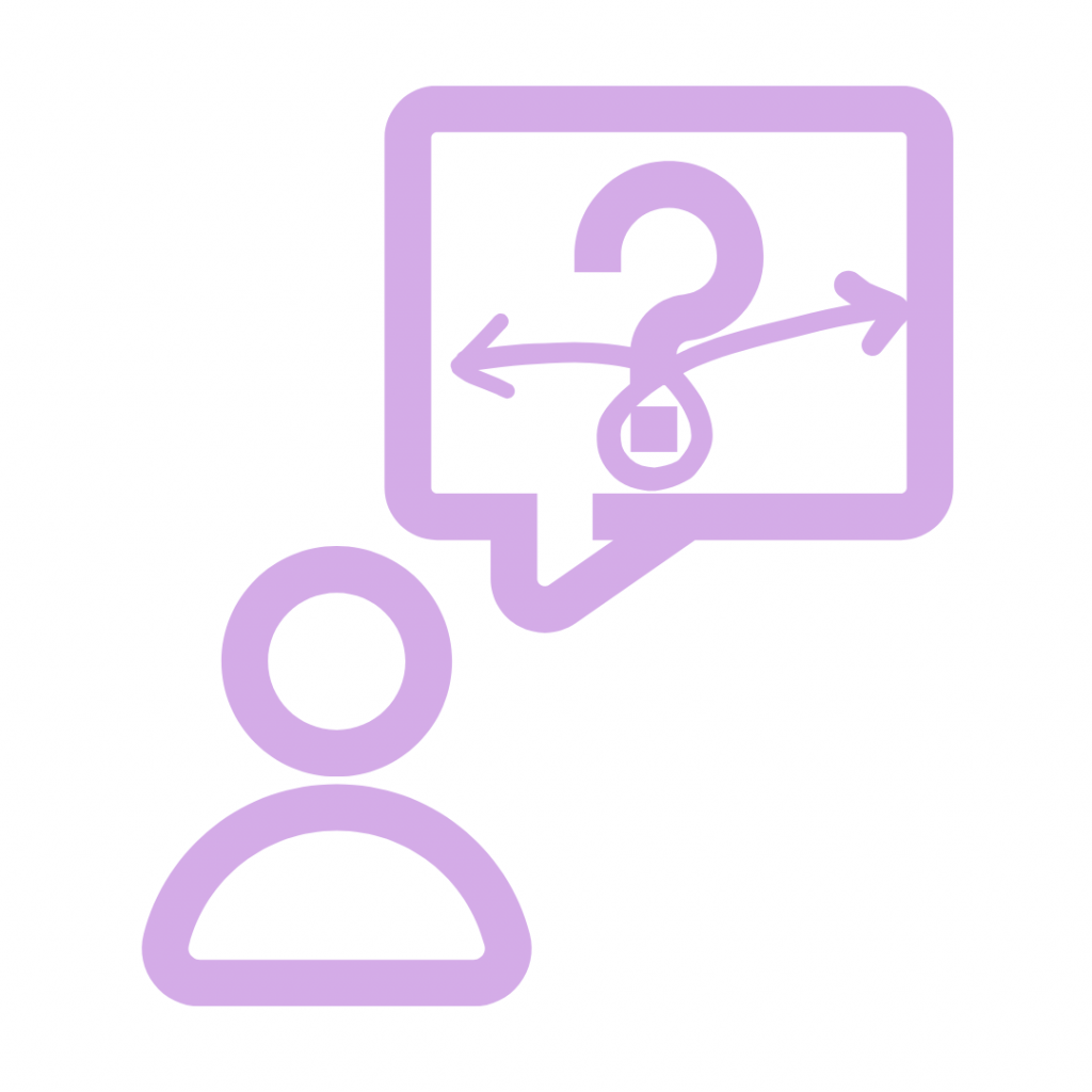 A lavender line drawing illustration of a person icon (represented by a simple head and shoulders shape) with a large speech bubble coming from them. Inside the speech bubble is a large question mark overlaid with a line splitting into two arrows pointing in opposite directions (left and right), symbolizing a dilemma, uncertainty, decision-making, or a question requiring choice.