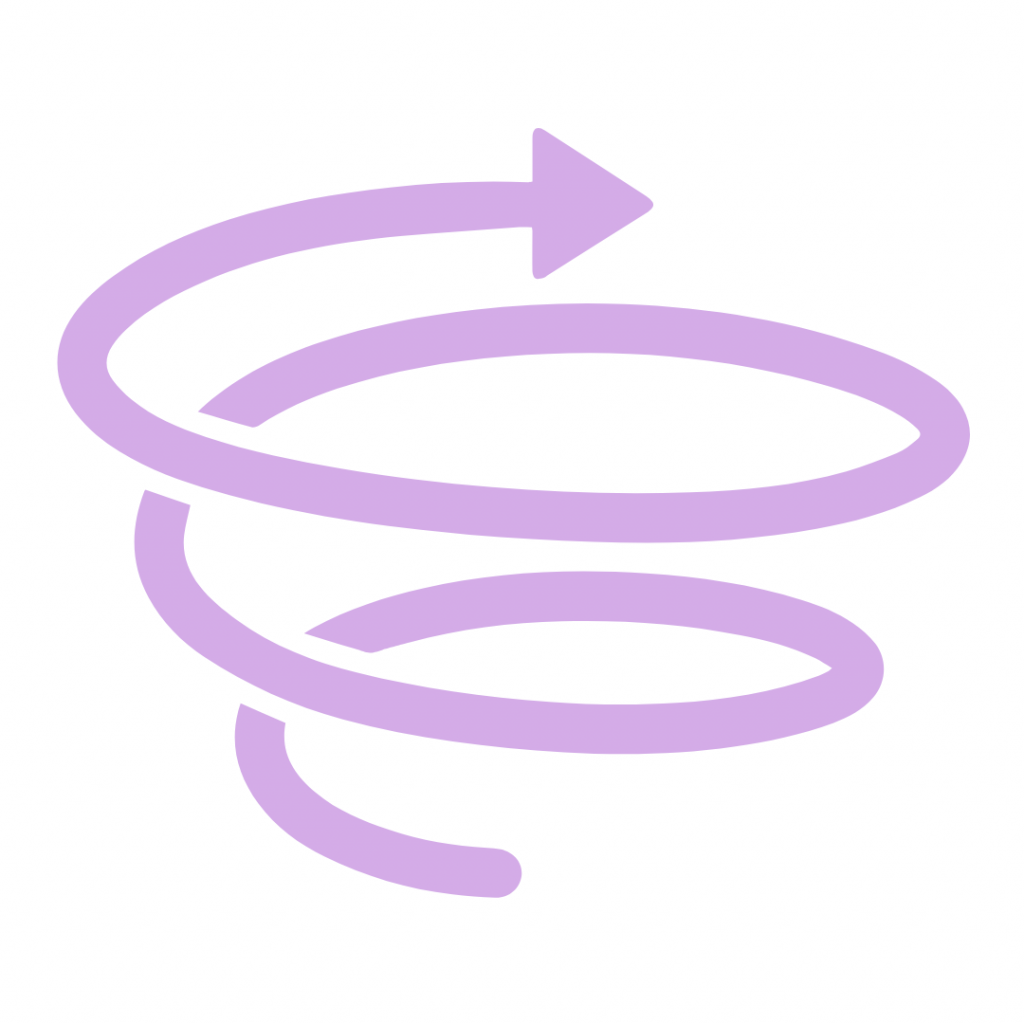 A thick, light purple line drawing of a spiral or helix shape that is moving upwards and culminates in an arrowhead pointing to the upper right. The spiral motion suggests continuous improvement, iterative learning, development, or cyclical progress.