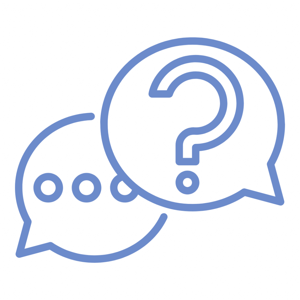 A blue line drawing illustration showing two overlapping speech bubbles. The larger bubble contains a large question mark, symbolizing a query or asking a question. The smaller bubble contains three dots (an ellipsis), symbolizing thinking, pending conversation, or a follow-up response.