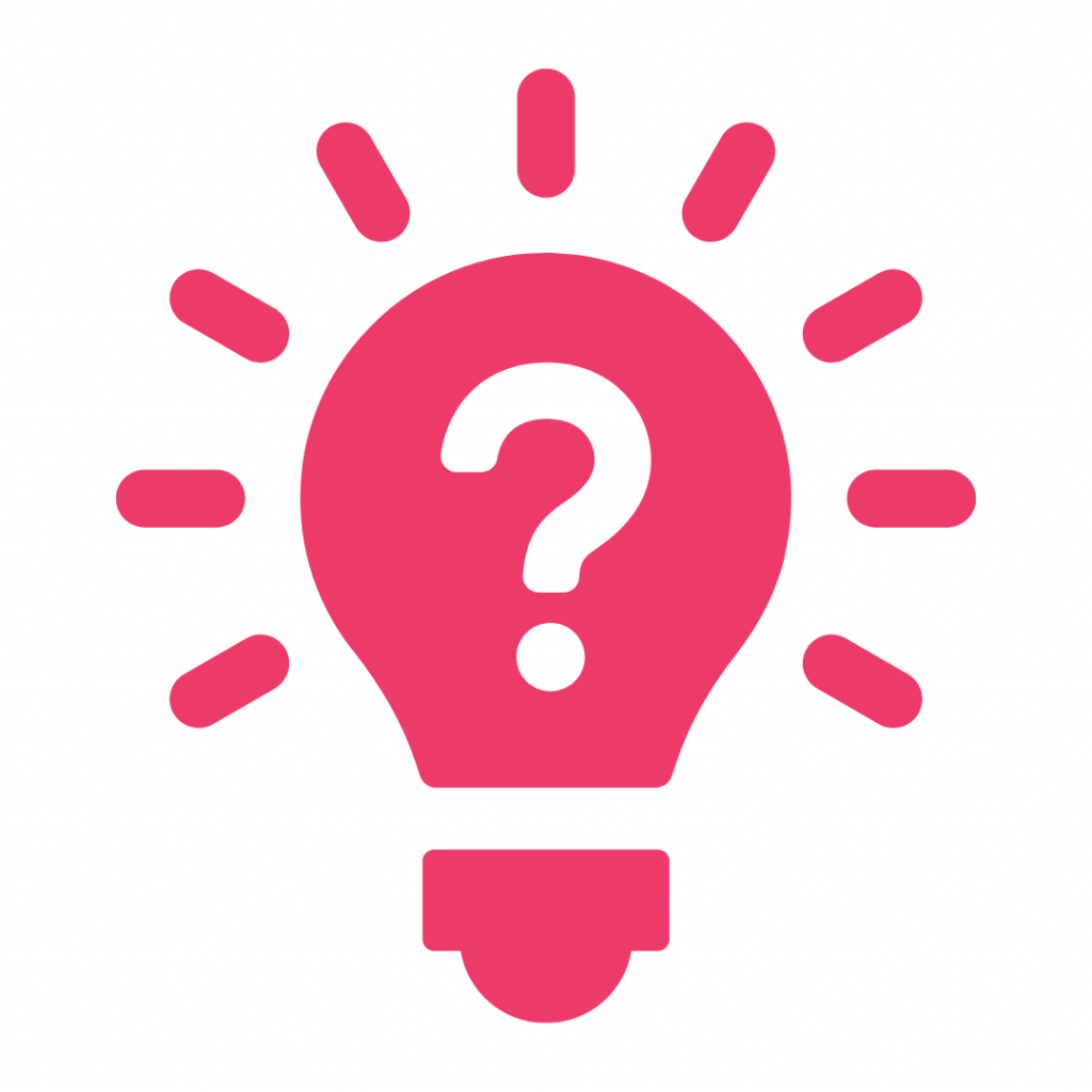 A bright pink icon of a lightbulb with a large white question mark inside, indicating an idea, question, or problem.