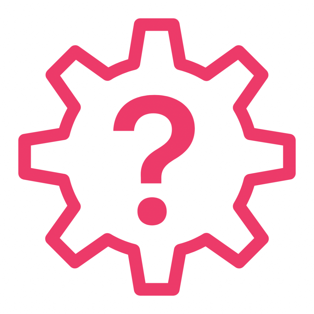 A pink line-art icon of a mechanical gear with a large question mark in the center, representing a mechanism or process for asking questions or problem-solving.