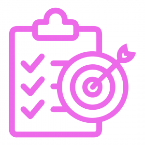 A bright pink line-art icon depicting a clipboard with checkmarks next to a bullseye target with an arrow in the center. The graphic uses a clean, minimalist style with rounded edges.