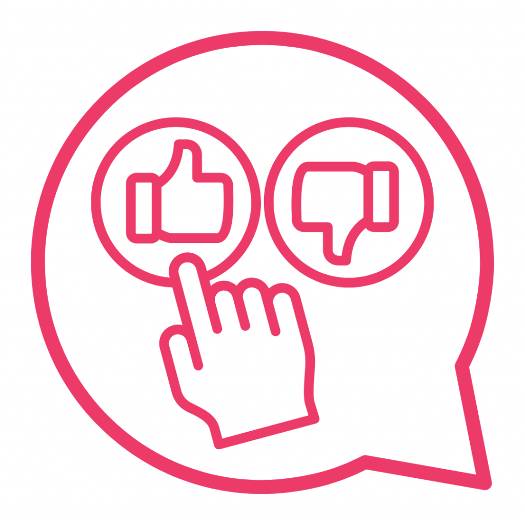 A pink line art icon showing a hand clicking a thumbs-up button next to a thumbs-down button, all contained within a speech bubble.