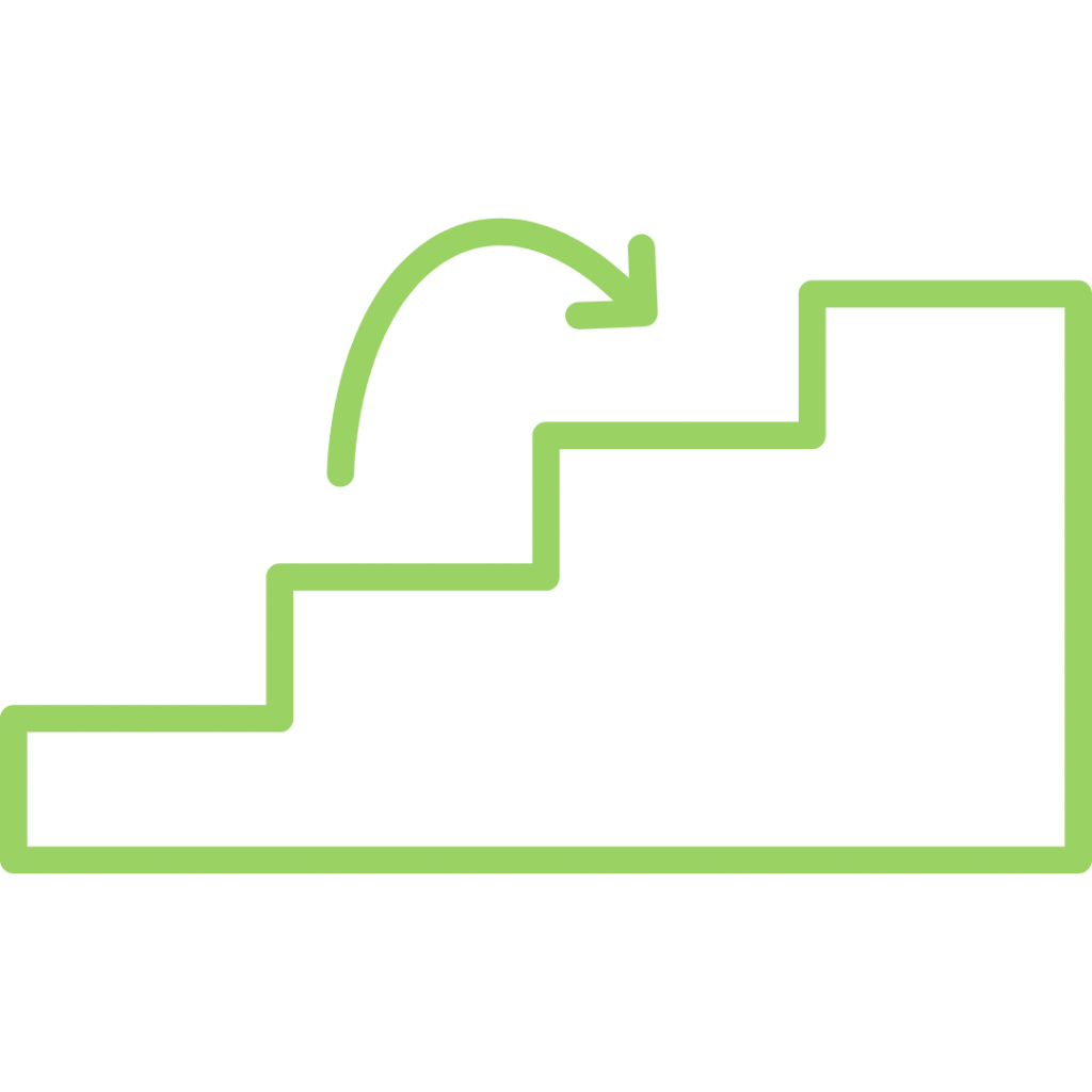 A green line art icon of a four-step staircase with a curved arrow jumping over the first few steps.