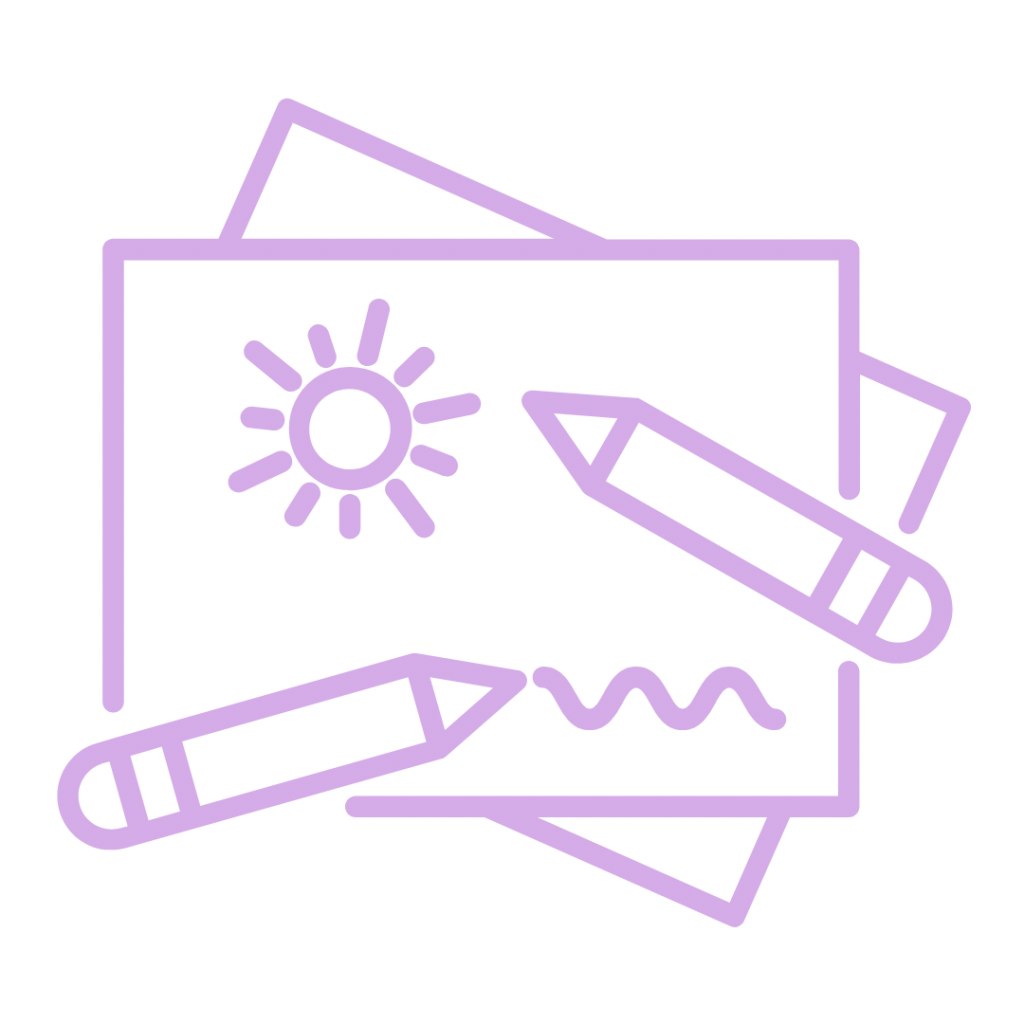 A purple line art icon of two pencils sketching a sun and wavy lines on a stack of papers.