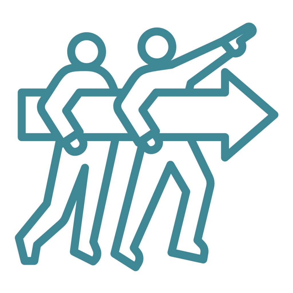 A teal line art icon of two people carrying a large arrow, with the person in front pointing forward.