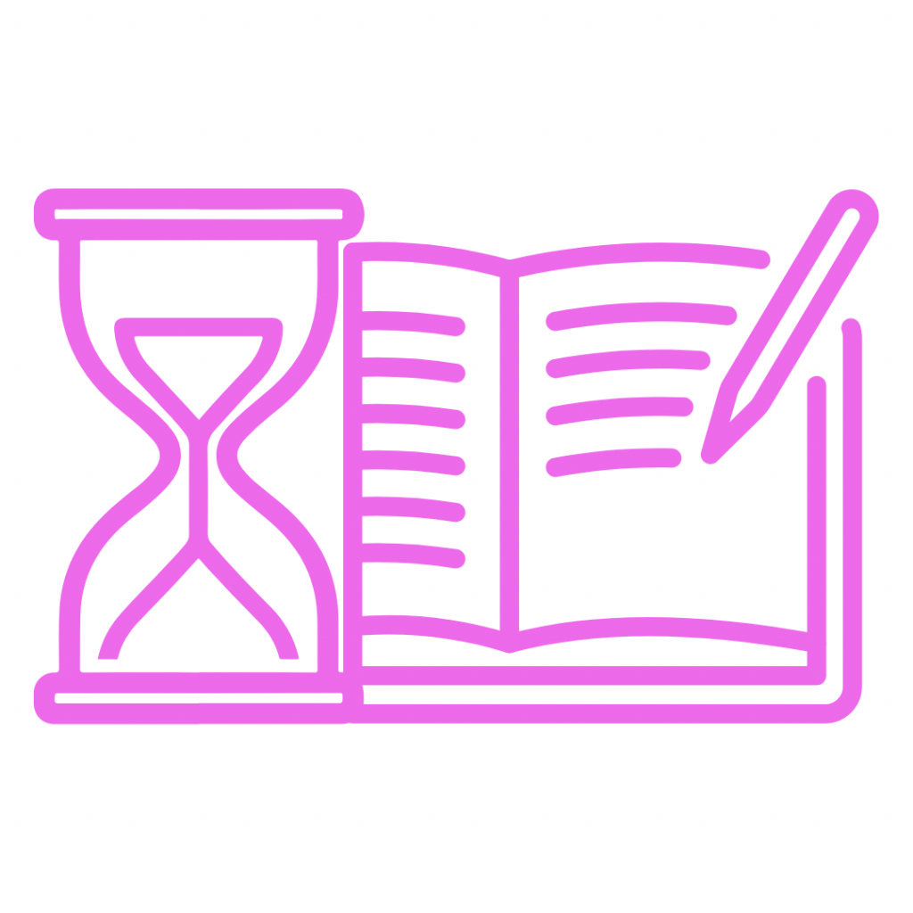 A bright pink line art icon of an hourglass standing next to an open notebook with a pen.