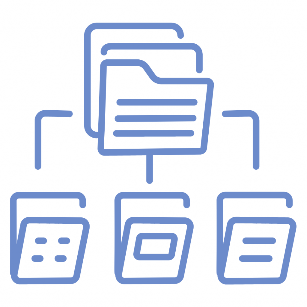 A blue line art icon showing a main folder branching down to three smaller sub-folders.
