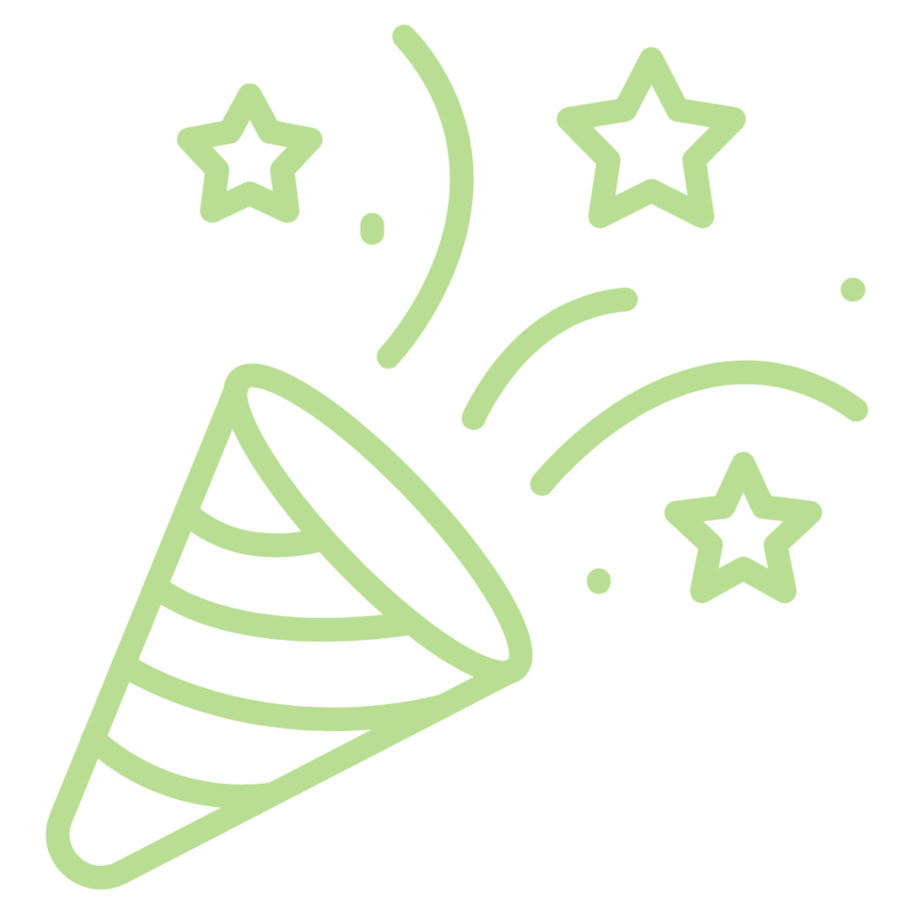 A light green line art icon of a party popper with confetti and stars bursting out.