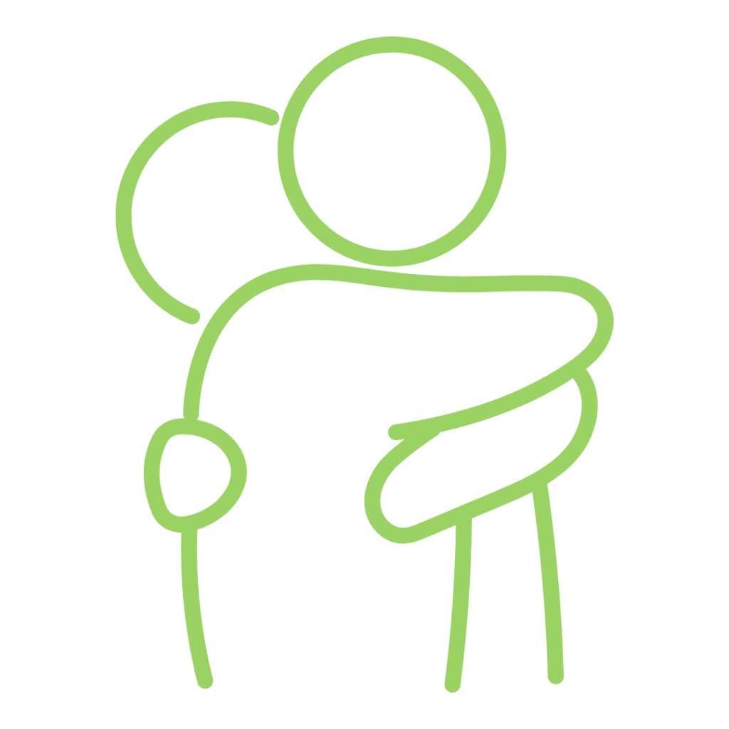 A simple, lime-green line drawing of two figures embracing in a hug. The illustration is minimalist, featuring rounded shapes and thick outlines on a plain white background, conveying a sense of support, comfort, or friendship.