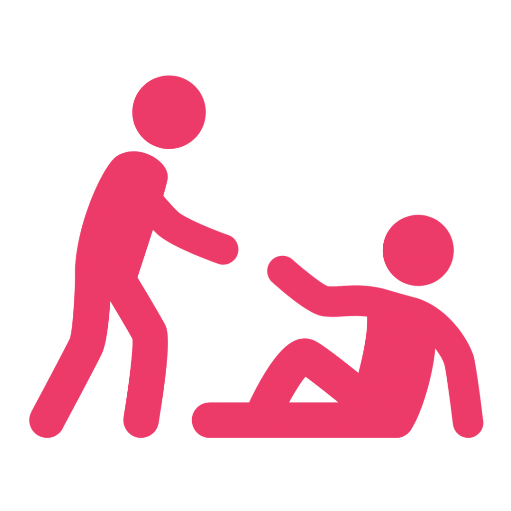 A solid pink graphic of two stylized figures. One figure is standing and reaching down with an outstretched arm to help a second figure who is sitting on the ground, symbolizing assistance, rescue, or empathy.