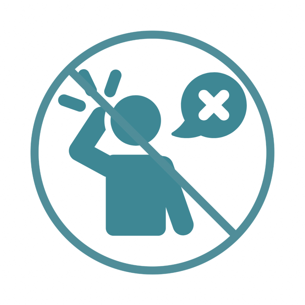 A teal-colored circular "prohibited" or "no" sign containing a stylized person. The figure is holding a hand to their head with lines indicating distress or a headache, and a speech bubble containing an "X" sits to their right. A diagonal strike-through line covers the image, symbolizing "no complaining" or "no negativity."