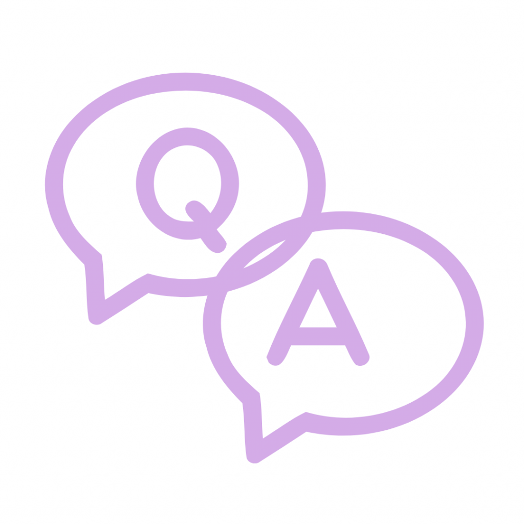 A light purple line drawing of two overlapping speech bubbles. The bubble in the upper left contains the letter "Q," and the bubble in the lower right contains the letter "A," representing a "Questions and Answers" (Q&A) session or dialogue.