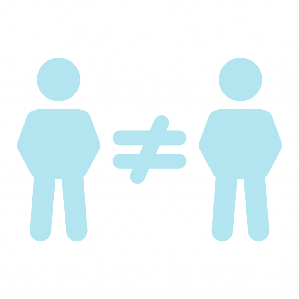 A light blue graphic featuring two identical stylized human silhouettes standing side-by-side. Between them is a large "not equal to" sign ($\neq$), symbolizing inequality, difference, or comparison.