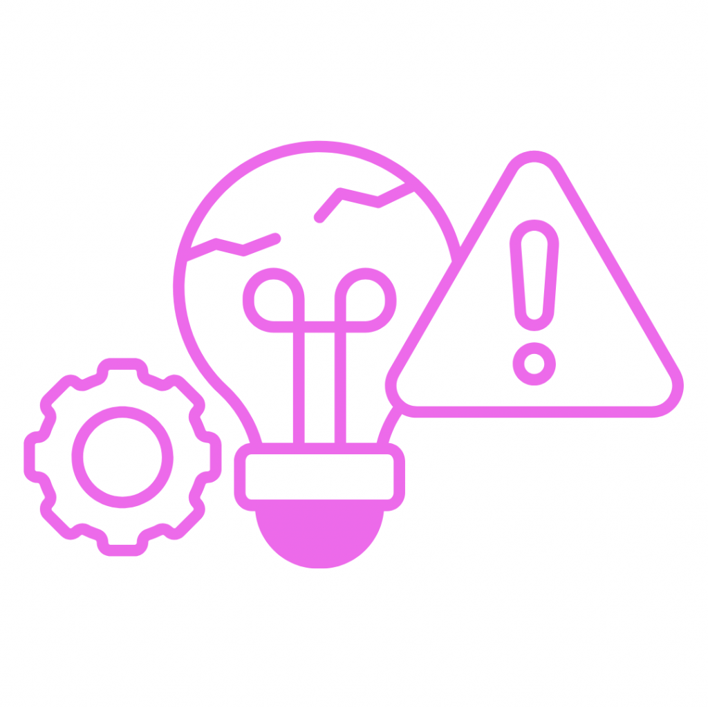 A magenta line drawing featuring a lightbulb with cracks in the glass at the center. To the left is a single gear, and to the right is a triangular warning sign with an exclamation point, symbolizing a problem, a broken idea, or a system failure.