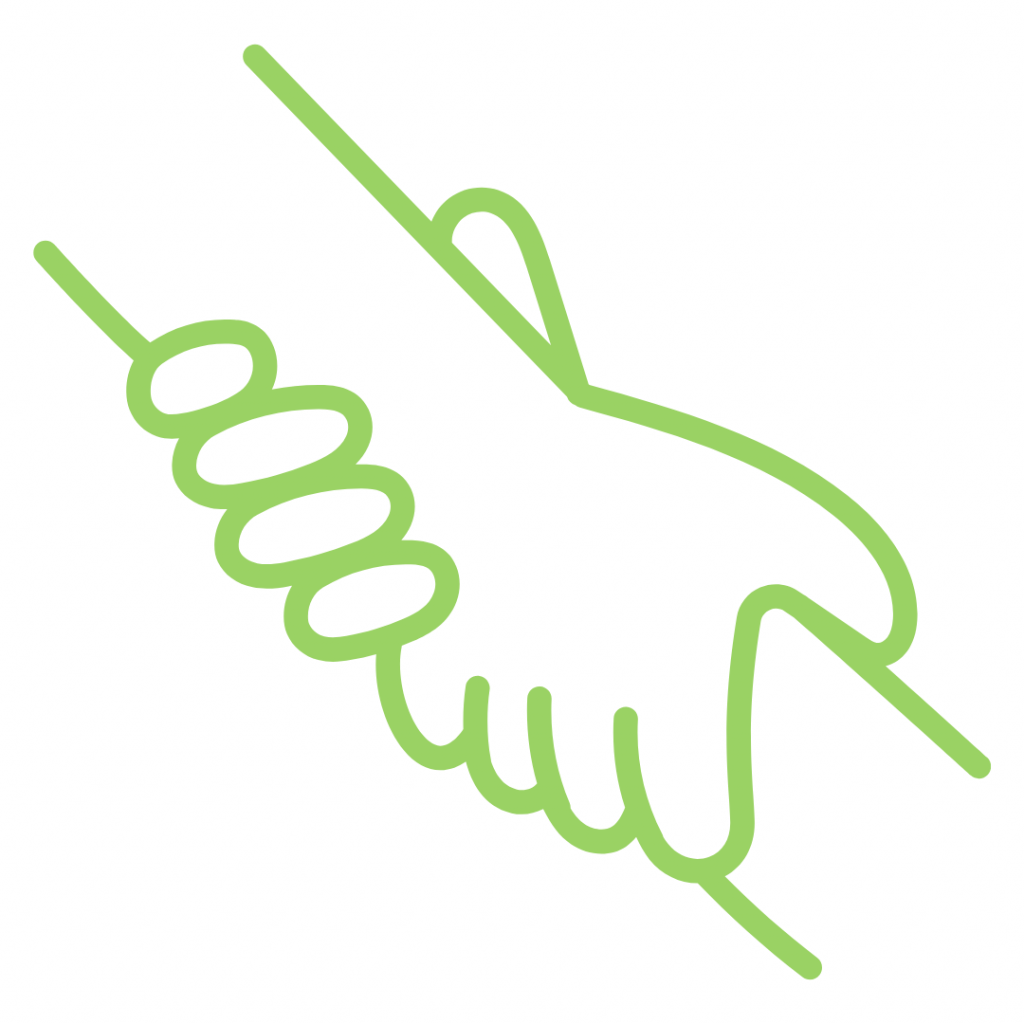 A lime-green line drawing of two hands clasped together in a firm, supportive grip or handshake. The hands are angled diagonally across the frame, symbolizing partnership, agreement, or a helping hand.