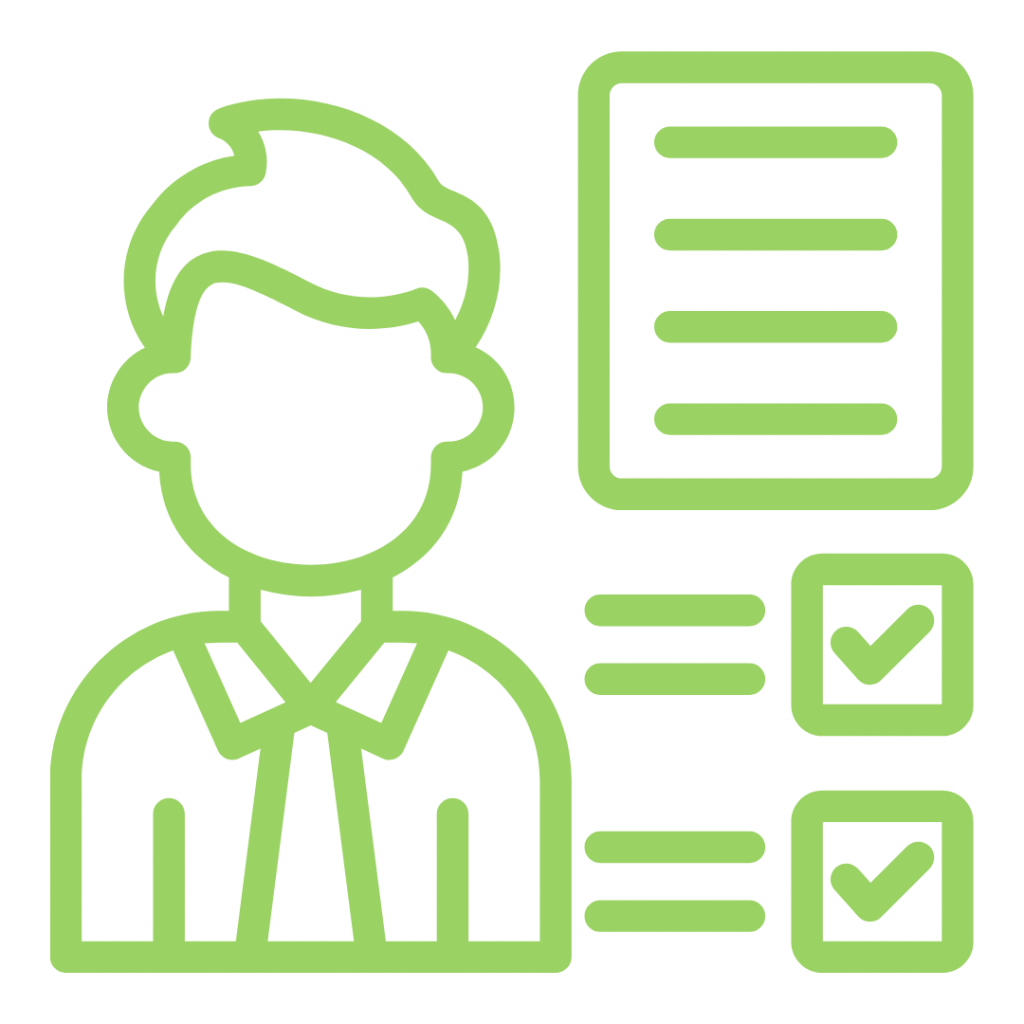 A light green line-art icon on a white background featuring a person in a collared shirt next to a document and a checklist. To the right of the person is a rectangular paper icon with four horizontal lines, and below that are two checkboxes with checkmarks next to short horizontal lines.