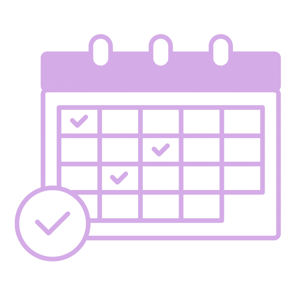 A light purple line-art icon on a white background showing a calendar with several squares containing small checkmarks. A larger circular checkmark icon is positioned in the bottom-left corner, symbolizing consistency, scheduling, or the completion of tasks over time.