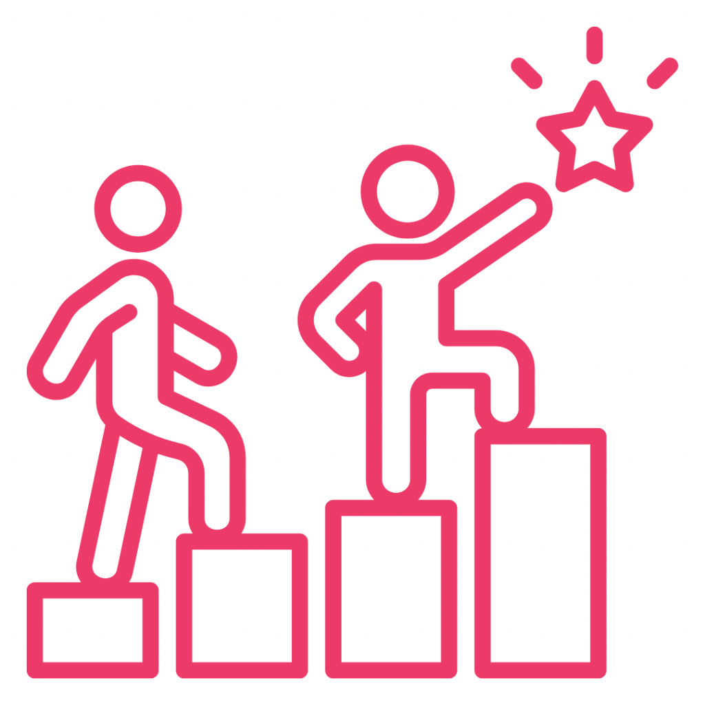 A pink line-art icon on a white background showing two stylized figures climbing a set of four rectangular blocks arranged like a rising bar graph. The figure on the right stands on the highest block, reaching upward toward a shining star.
