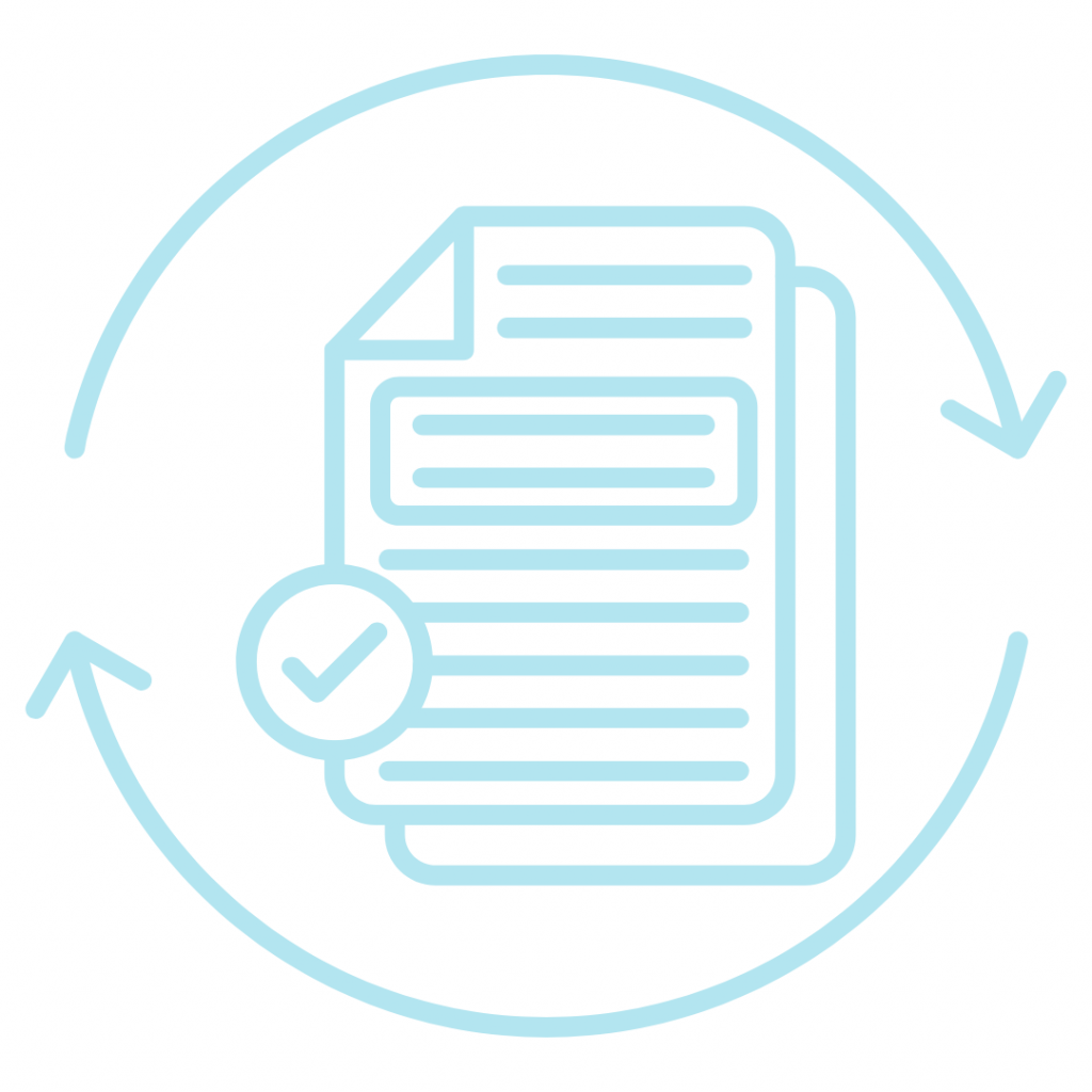 A light blue line-art icon on a white background featuring a stack of two documents enclosed within a circular arrow, suggesting a cycle or update process. The top document includes horizontal lines and a small checkmark icon in a circle on its left side.