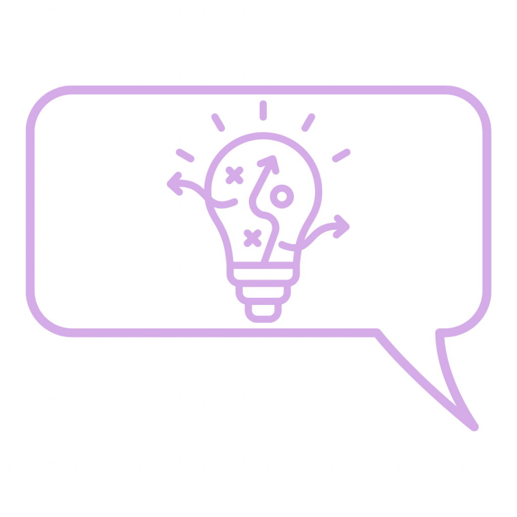 A light purple line-art icon on a white background featuring a lightbulb inside a speech bubble. The lightbulb contains strategy-related symbols, including arrows pointing in different directions and small "X" and "O" marks, suggesting a plan or idea being communicated.
