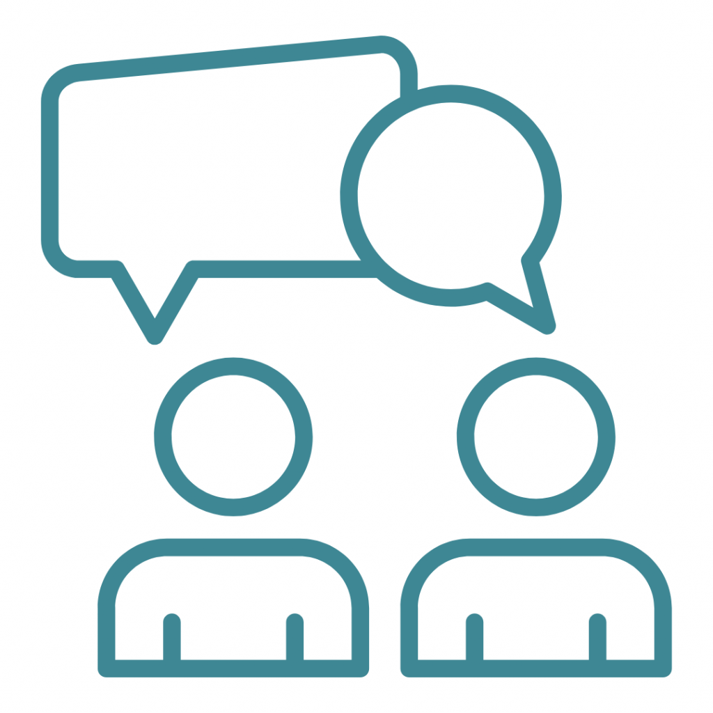 A dark teal line-art icon on a white background showing two stylized figures. Above each figure is a speech bubble; the one on the left is rectangular with rounded corners, and the one on the right is circular, representing a conversation or exchange between two people.