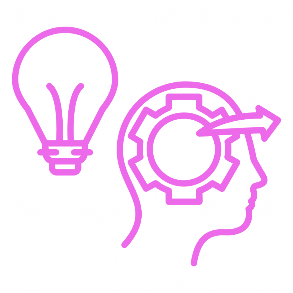 A bright purple line-art icon on a white background. On the left is a lightbulb, and on the right is the profile of a human head. Inside the head is a gear with an arrow pointing forward and out of the forehead, representing proactive thinking or planning.