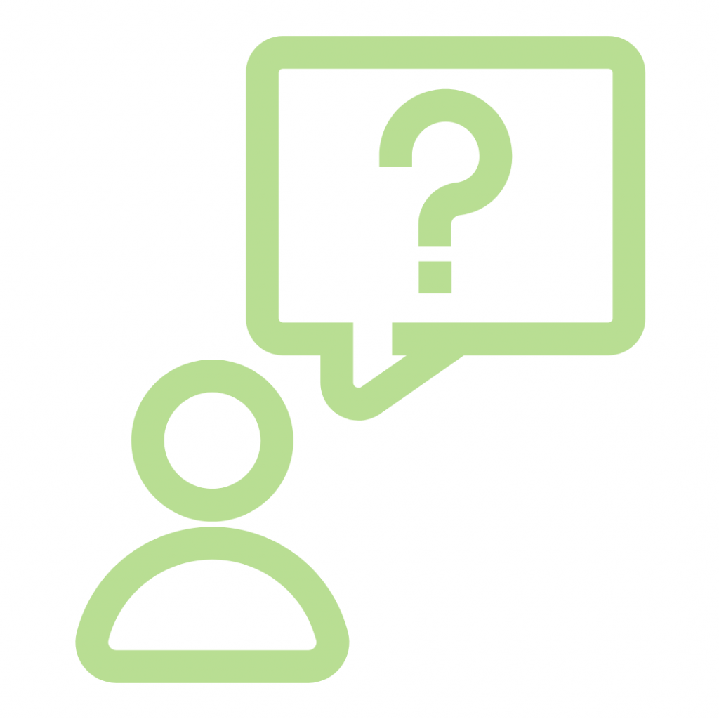 A light green line-art icon on a white background showing a stylized figure with a rectangular speech bubble above their head. Inside the speech bubble is a large question mark, symbolizing questions or inquiry.